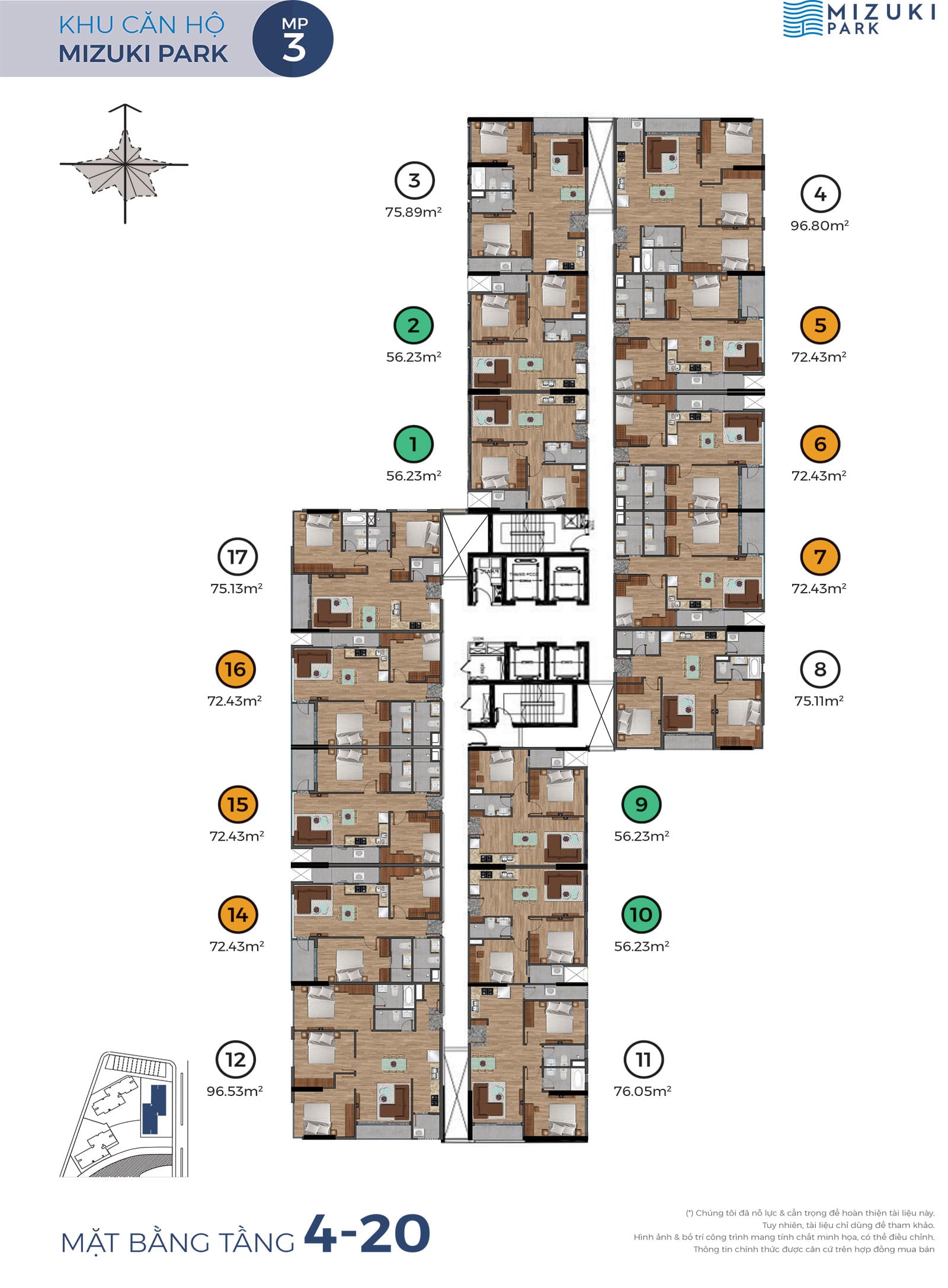 Mặt bằng Tầng 4 đến Tầng 20 tòa căn hộ MP3 thuộc dự án Mizuki Park.