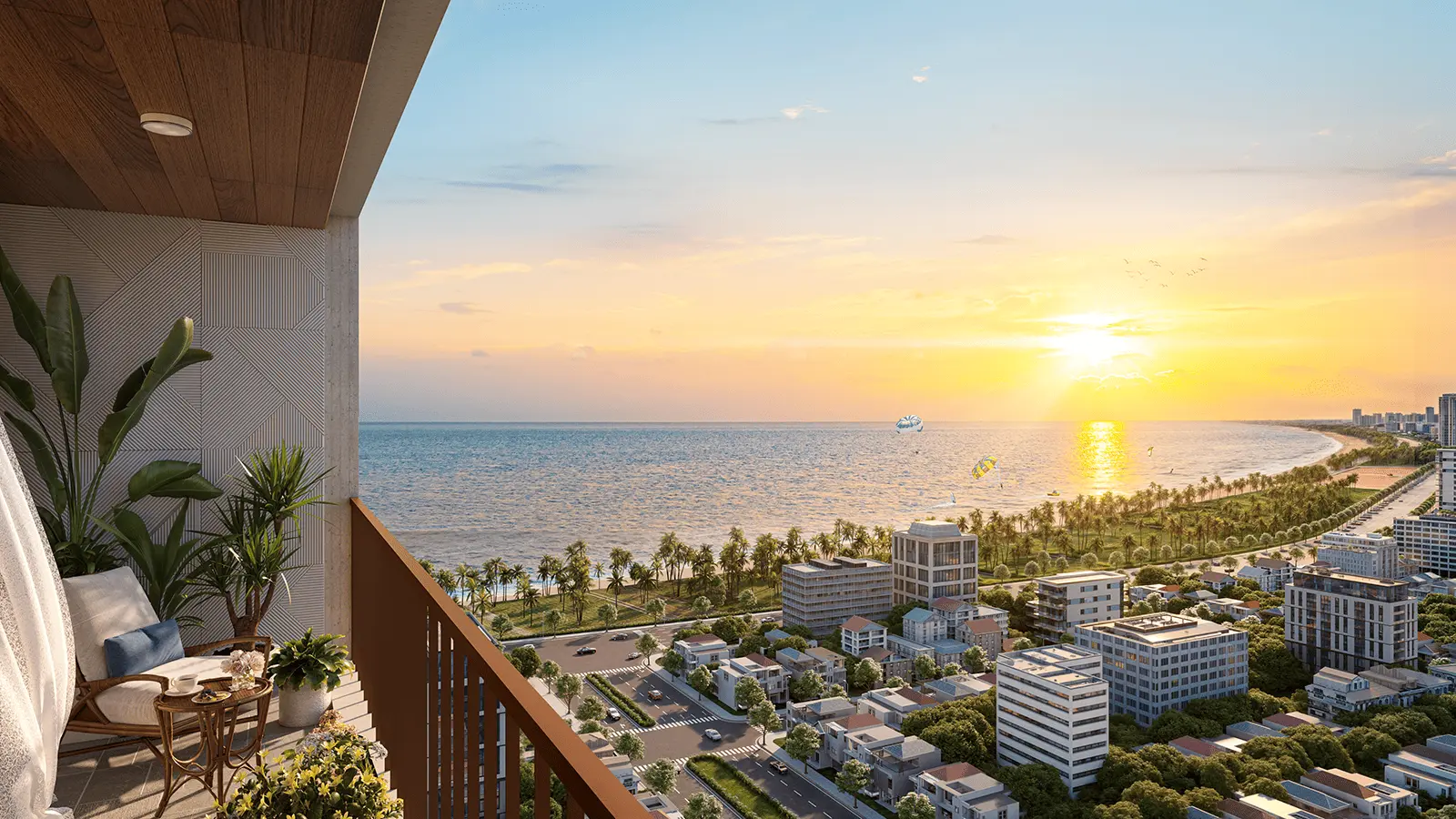 Ban công Sun Costa Residences Đà Nẵng với view biển Mỹ Khê tuyệt đẹp và ngắm bình minh mỗi ngày.