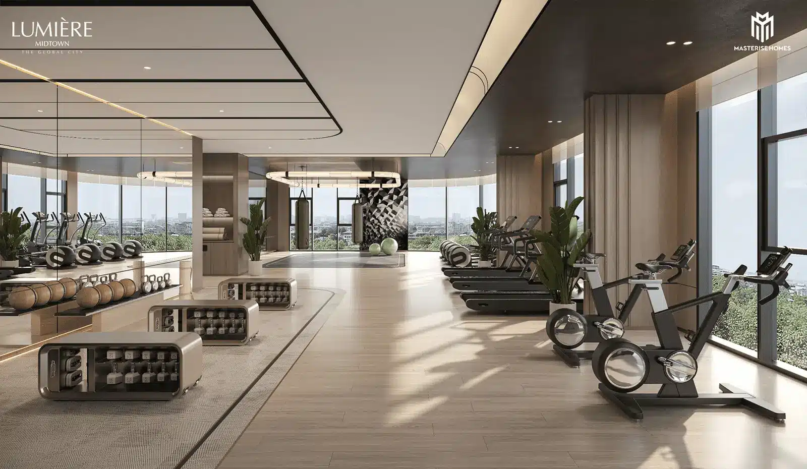 Phòng Gym hiện đại tại LUMIÈRE Midtown giúp cư dân tận hưởng không gian sống sang trọng và tiện nghi.