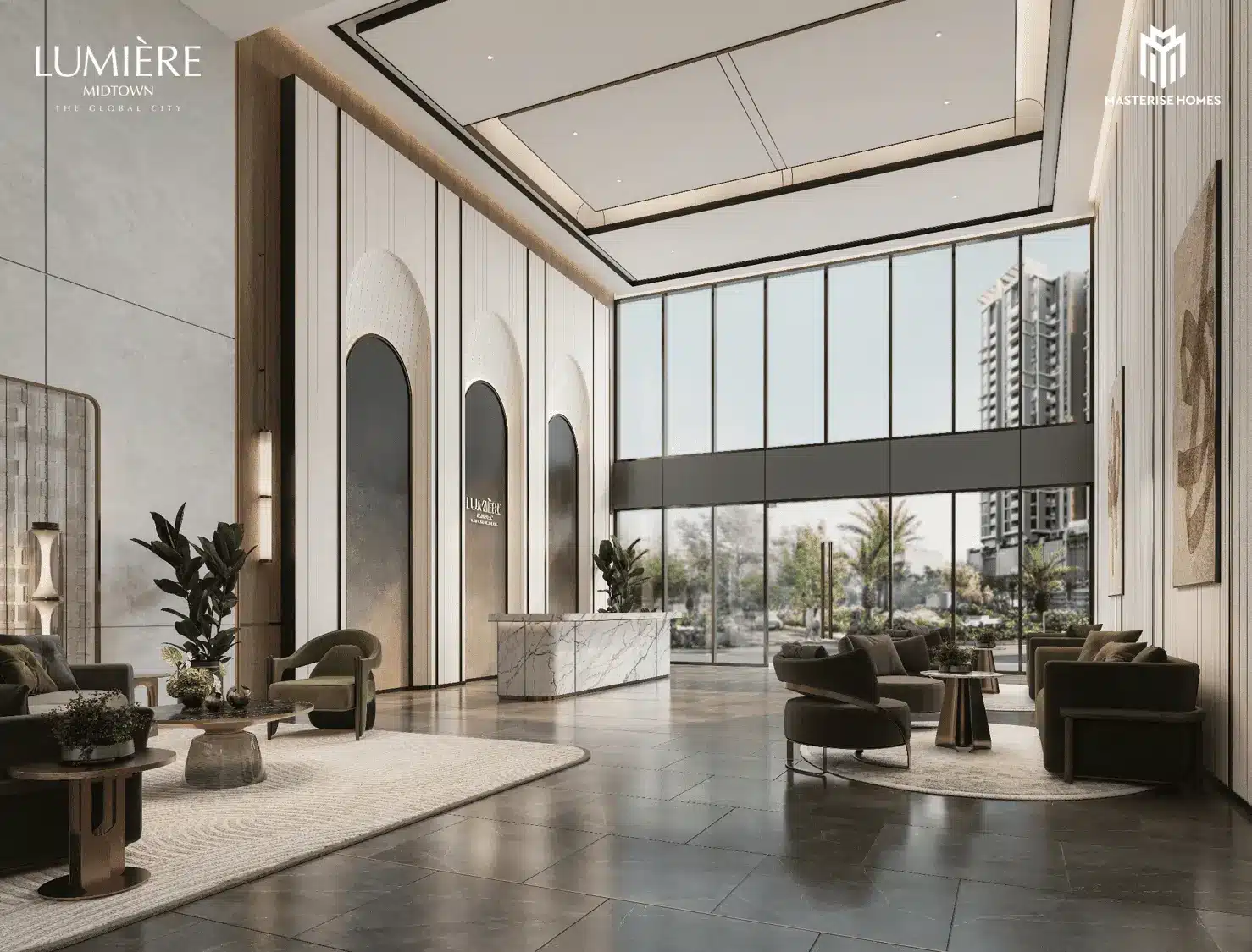 Sảnh đón khách sang trọng tại LUMIÈRE Midtown, kết hợp giữa kiến trúc đương đại và thiên nhiên.